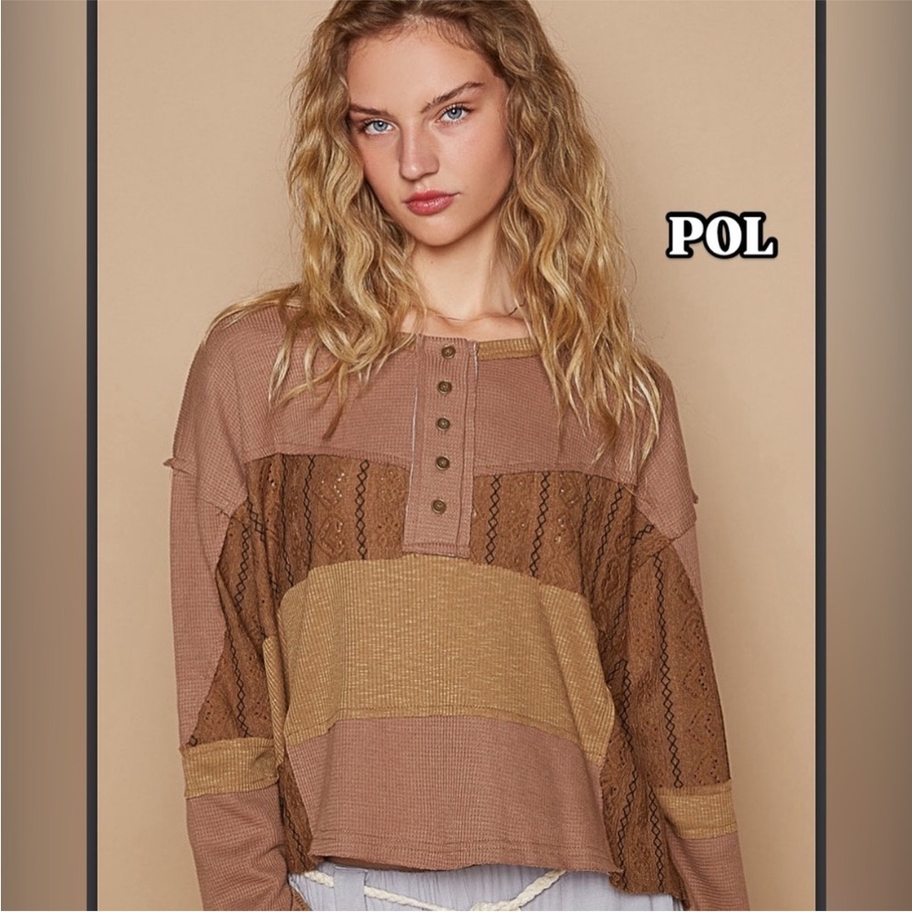 POL - Thermal Long Sleeve Half Button Up Top with Heart Detail NWT